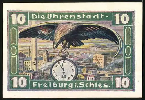 Notgeld Freiburg 1921, 10 Pfennig, Adler über der Stadt