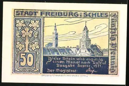 Notgeld Freiburg 1921, 50 Pfennig, Wanderer vor dem Ort