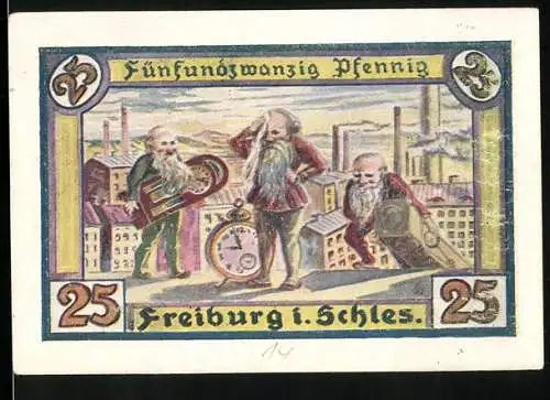 Notgeld Freiburg 1921, 25 Pfennig, Zwerge mit grossen Uhren