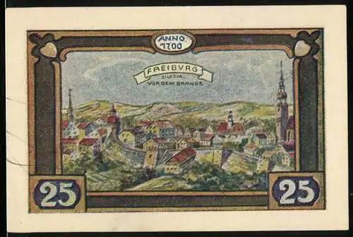 Notgeld Freiburg 1921, 25 Pfennig, Ortsansicht aus dem Jahr 1700