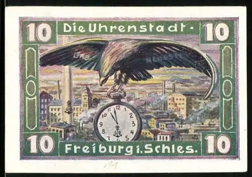 Notgeld Freiburg 1921, 10 Pfennig, Adler mit Uhr über der Stadt