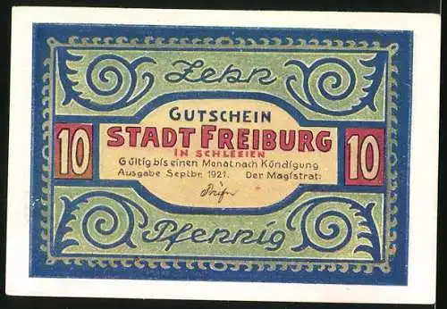 Notgeld Freiburg 1921, 10 Pfennig, Adler mit Uhr über der Stadt