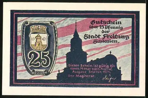 Notgeld Freiburg 1921, 25 Pfennig, Ortsansicht, Stadtwappen