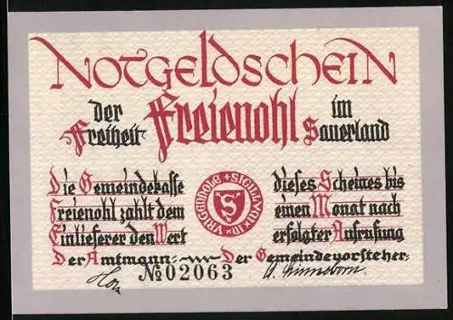 Notgeld Freienohl, 1 Mark, Waldpartie mit Hirsch