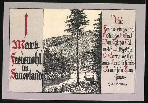 Notgeld Freienohl, 1 Mark, Waldpartie mit Hirsch