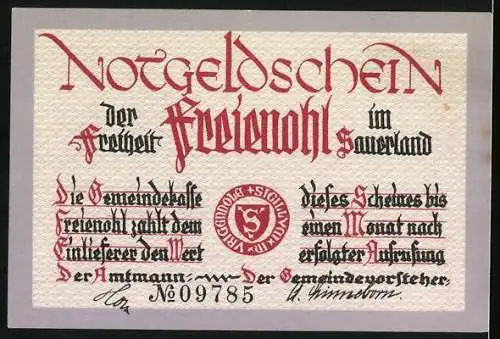 Notgeld Freienohl, 75 Pfennig, Ortspartie mit Fachwerkshäusenr