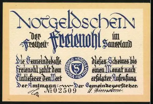 Notgeld Freienohl, 50 Pfennig, Mann an den Sträuchern