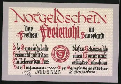 Notgeld Freienohl, 50 Pfennig, Wegpartie im Ort