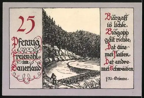 Notgeld Freienohl, 25 Pfennig, Wanderer am Fluss