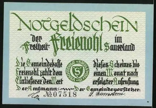 Notgeld Freienohl, 1 Mark, Hirsche im Wald