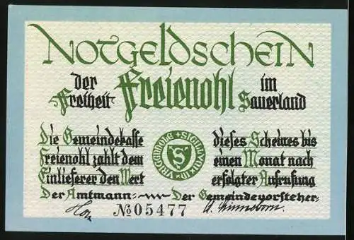 Notgeld Freienohl, 75 Pfennig, Ortspartie mit Wohnhäusern