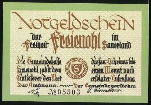 Notgeld Freienohl, 50 Pfennig, Weg den Hügel hinauf