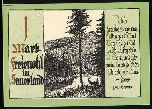 Notgeld Freienohl, 1 Mark, Hirsche am Wasser im Wald