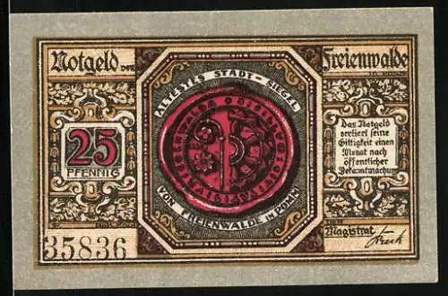 Notgeld Freienwalde 1920, 25 Pfennig, Ältestes Stadt-Siegel, Ritter