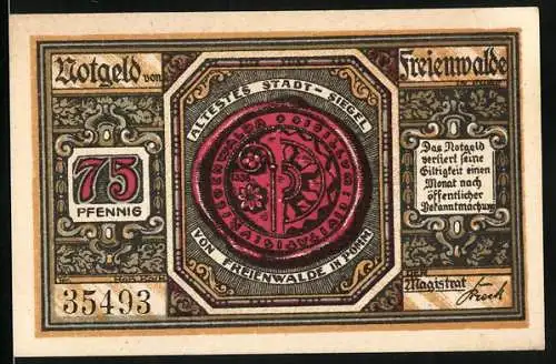 Notgeld Freienwalde 1920, 75 Pfennig, Ältestes Stadt-Siegel, Engel mit Weinreben