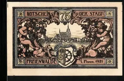 Notgeld Freienwalde 1921, 75 Pfennig, Engel vor der Stadt, Engel schreibt Brief
