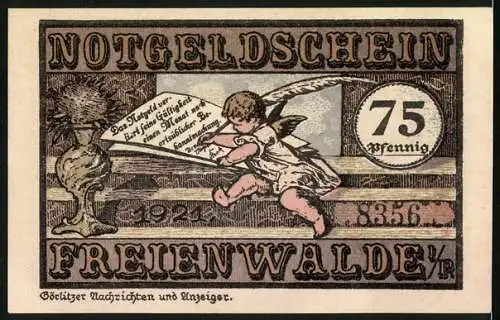 Notgeld Freienwalde 1921, 75 Pfennig, Engel vor der Stadt, Engel schreibt Brief