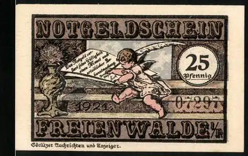Notgeld Freienwalde 1921, 25 Pfennig, Engel schreibt Brief, Ritter mit Stadtwappen