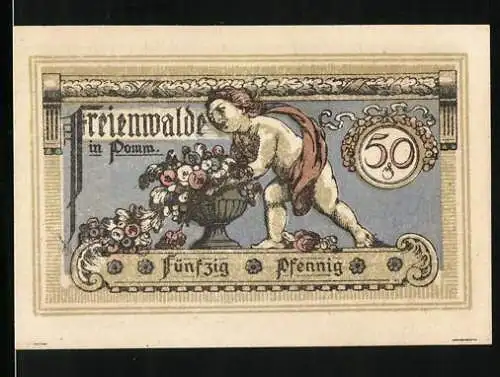 Notgeld Freienwalde 1921, 50 Pfennig, Kleiner Mensch mit Blumenstrauss, Engel mit Brief