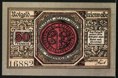 Notgeld Freienwalde, 50 Pfennig, Blumenschmuck, Stadt-Siegel