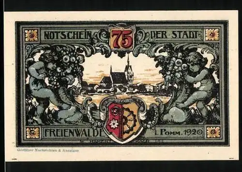 Notgeld Freienwalde 1920, 75 Pfennig, Kirche und Stadtwappen, Stadtsiegel
