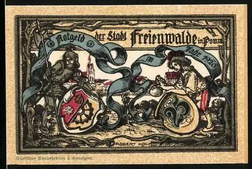 Notgeld Freienwalde 1920, 25 Pfennig, Ritter und Hofbursche mit Wappen, Stadtsiegel