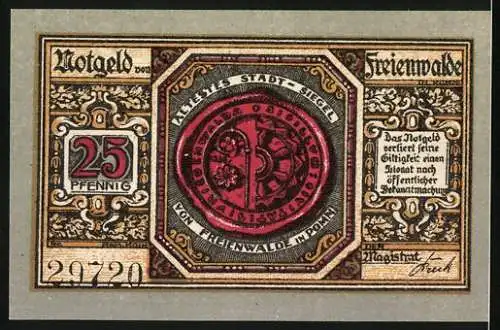 Notgeld Freienwalde 1920, 25 Pfennig, Ritter und Hofbursche mit Wappen, Stadtsiegel