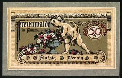 Notgeld Freienwalde, 50 Pfennig, Ältestes Stadtsiegel, Engel mit Blumenstrauss