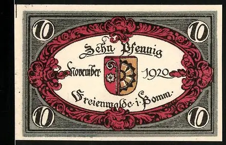 Notgeld Freienwalde 1920, 10 Pfennig, Stadtwappen, Denkmal