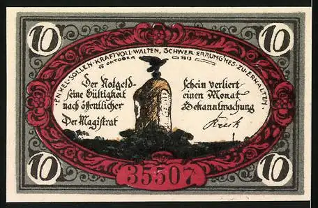 Notgeld Freienwalde 1920, 10 Pfennig, Stadtwappen, Denkmal