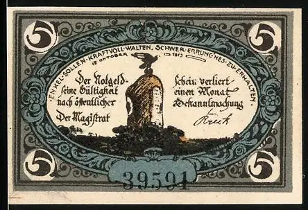 Notgeld Freienwalde 1920, 5 Pfennig, Denkmal, Stadtwappen