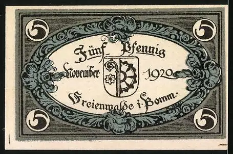 Notgeld Freienwalde 1920, 5 Pfennig, Denkmal, Stadtwappen