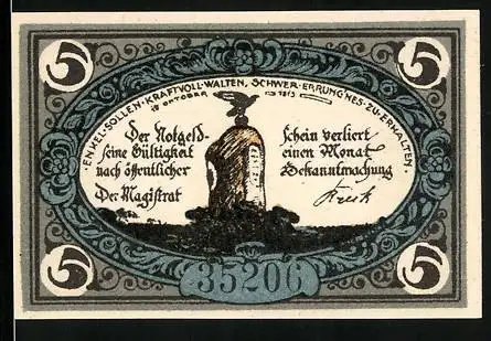 Notgeld Freienwalde 1920, 5 Pfennig, Gedenkstein mit Raben