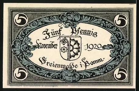 Notgeld Freienwalde 1920, 5 Pfennig, Gedenkstein mit Raben
