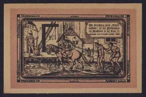 Notgeld Freienwalde, 50 Pfennig, Stadtwappen, Menschen werden hinter dem Pferd hergezogen