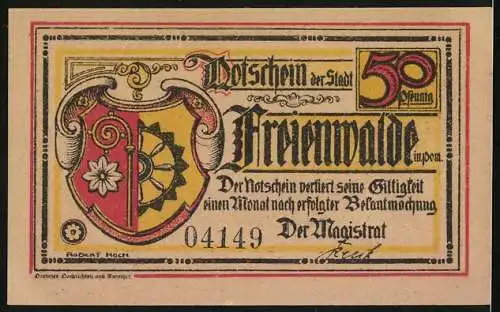 Notgeld Freienwalde, 50 Pfennig, Verleihung des Städterrechts, Stadtwappen