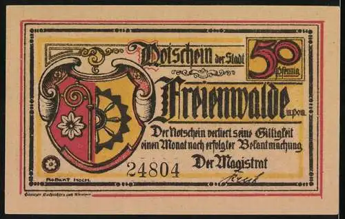 Notgeld Freienwalde, 50 Pfennig, Stadtwappen, Organisierung der Schützengilde