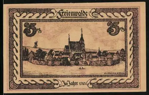 Notgeld Freienwalde, 25 Pfennig, Ortsansicht mit Mühle