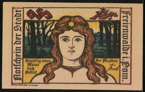 Notgeld Freienwalde, 25 Pfennig, Junge Frau mit Sternenreif, Pokal
