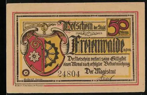 Notgeld Freienwalde, 50 Pfennig, Stadtwappen, Verleihung des Städterrechts 1338
