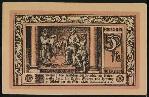 Notgeld Freienwalde, 50 Pfennig, Stadtwappen, Verleihung des Städterrechts 1338