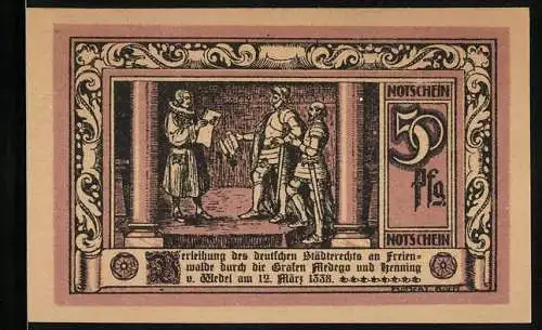 Notgeld Freienwalde, 50 Pfennig, Städterrecht wird verliehen