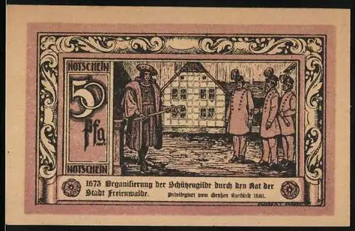 Notgeld Freienwalde, 50 Pfennig, Schützengilde wird durch Rat organisiert