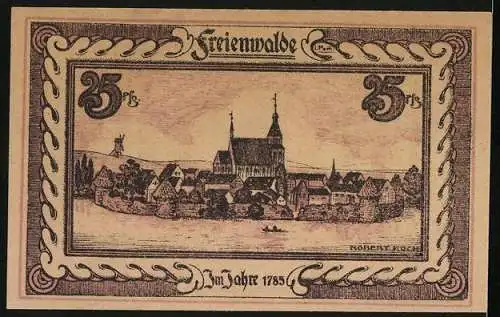 Notgeld Freienwalde, 25 Pfennig, Junge Frau mit Sternen-Haarreif, Ortsansicht 1785