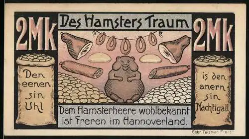 Notgeld Freren, 2 Mark, Hamster träumt vom Schinken, Hamsterer-Extra-Zug