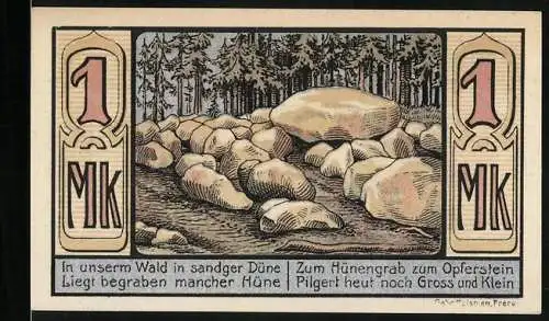 Notgeld Freren 1921, 1 Mark, Hühnengrab im Wald, Stadtwappen