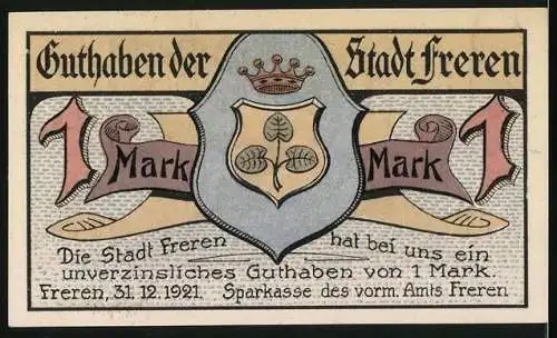 Notgeld Freren 1921, 1 Mark, Hühnengrab im Wald, Stadtwappen