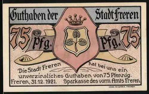 Notgeld Freren 1921, 75 Pfennig, Stadtwappen, Hollandgänger