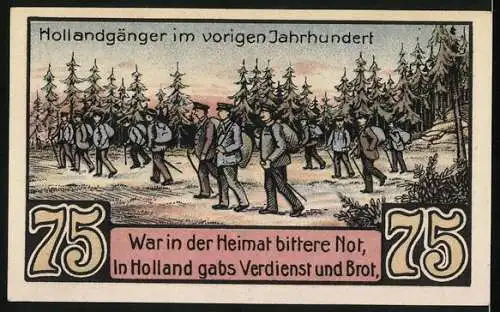 Notgeld Freren 1921, 75 Pfennig, Stadtwappen, Hollandgänger