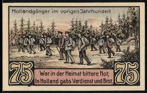 Notgeld Freren 1921, 75 Pfennig, Hollandgänger im vorigen Jahrhundert, Stadtwappen